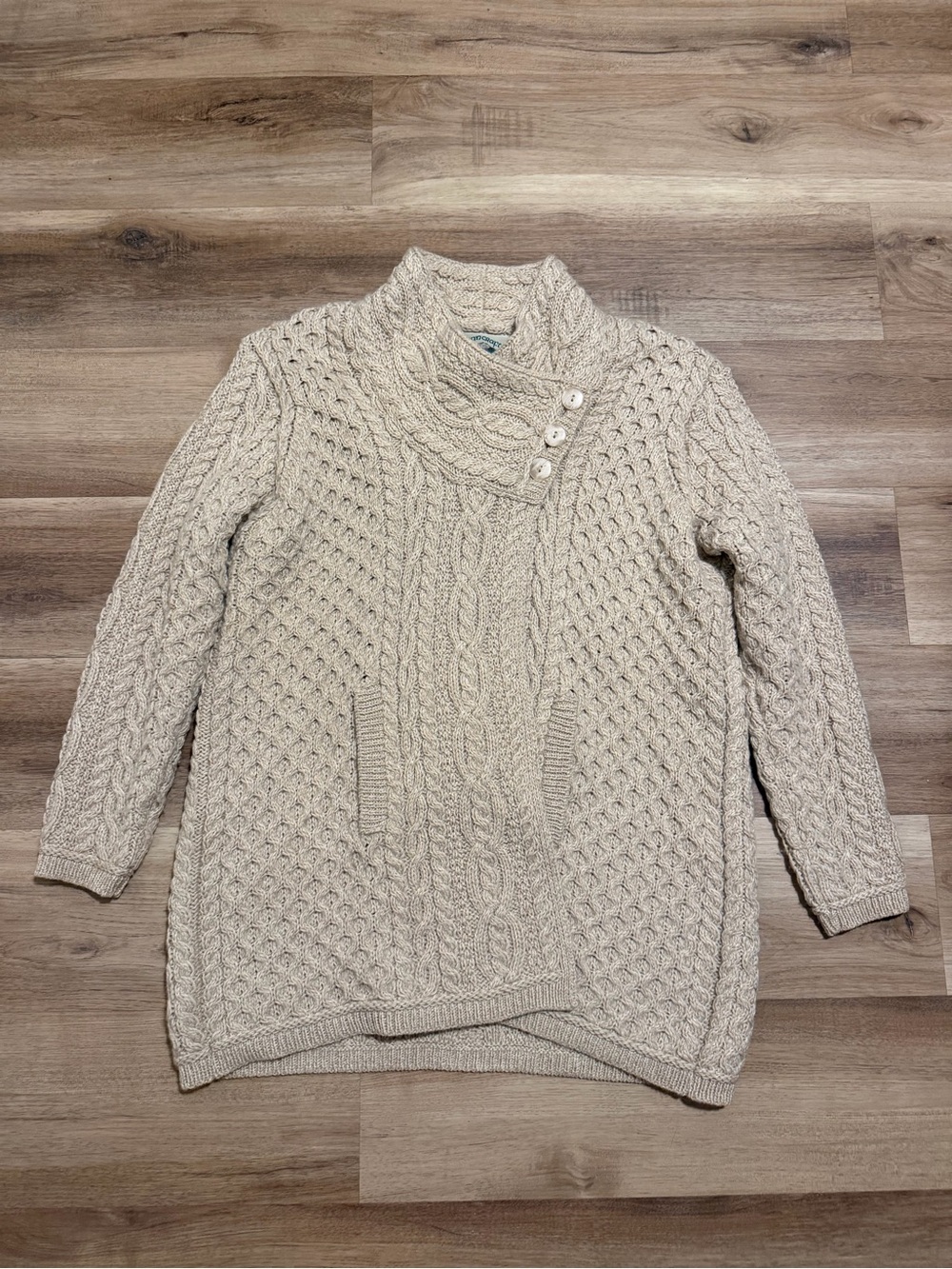 Aran Crafts Women’s  Merino Wool Long Cardigan w/ Button Collar Cable Knit